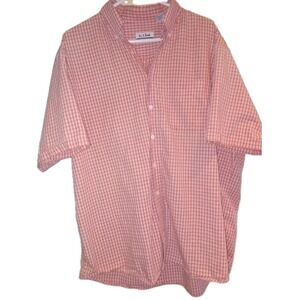 Jos A Bank Men's XL Button Up Short Sleeve Plaid Check Coral / Pink Shirt Preppy
